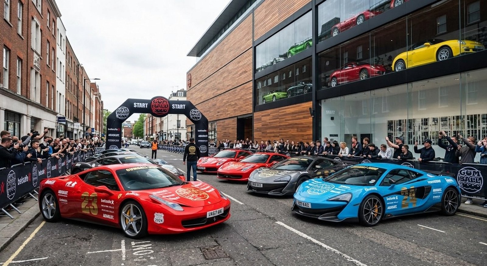 Car enthusiasts gathered at a rally start line with supercars
